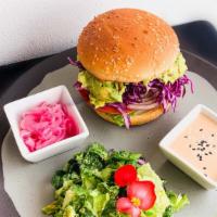 Thai Burger · Beyond burger, romaine hearts, tomato, red onion, guacamole, purple cabbage, pickled onion, ...