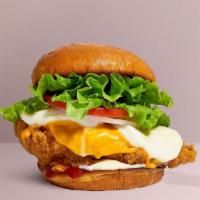Cheese Fried Chicken Sandwich · Buttermilk fried chicken, cheddar, mozzarella, lettuce, tomato, red onion, mayo, and ketchup...
