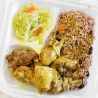 Small Curry Chicken · Including red beans and rice with cabbage and plantains.