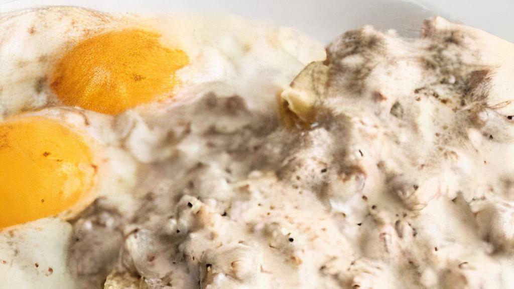 ) Biscuits & Gravy · Protein biscuit, gravy, egg, turkey sausage. Note: we now keep sausage separate from gravy to help keep more accurate macros.
Macros: Calories: 400. Protein: 40 g. Carbs: 15 g. Fats: 25 g.