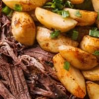 ) Kc Pulled Pork & Roasted Potatoes · Pulled pork, roasted Yukon potatoes. Macros: Calories: 390. Protein: 15 g. Carbs: 15 g. Fats...