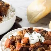 ) Chili Con Carne · Spicy. Jasmine rice, lean beef chili. Macros: Calories, 420. Protein, 15 g. Carbs, 45 g. Fat...