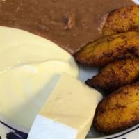Platano Frijoles I Crema · Fried plantain, refried beans and sour cream.