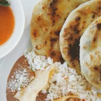 Three Rebueltas Combo · Combos include three pupusas Rebueltas, rice and beans only.