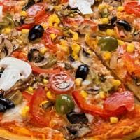 Veggie Pizza · House made red sauce, black olives, green peppers, banana peppers, onions, mushrooms, and to...