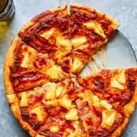 Hawaiian Pizza · House made red sauce, mozzarella cheese, ham, pineapple, sliced almonds, and cinnamon. 12