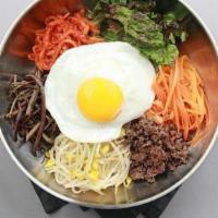 Mixed Veg, Ground Beef & Egg With Rice, Hot Sauce / 비빔밥:  Bi-Bim-Bab · 