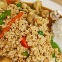 13. Basil Dish (Pad Kra-Prao) · Choice of meat stir-fried with hot pepper, chopped bell pepper and fresh basil leaves delive...