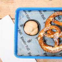 Pretzels · Two large soft Bavarian pretzels with salt served with Dusseldorf mustard.