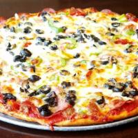 The Monster · Sausage, pepperoni, Canadian bacon, onions, mushrooms, green peppers, and black olives.
