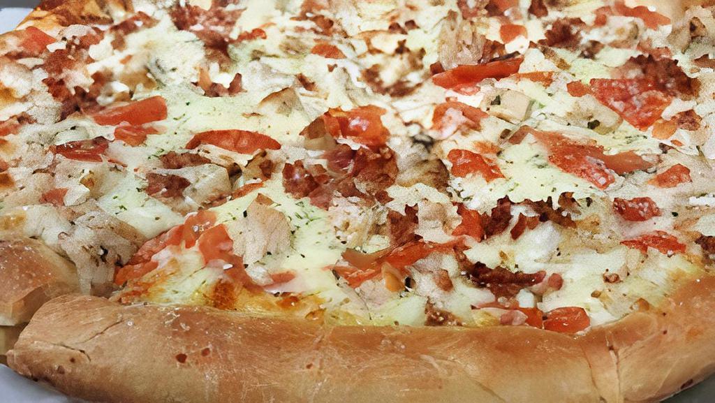 Chicken Bacon Ranch · Frankie’s famous homemade ranch topped with seasoned chicken, hickory smoked bacon, fresh tomatoes, and mozzarella cheese.  Pan or thin only.
