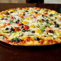 Vegetarian · Black olives, mushrooms, red onions, tomatoes, green peppers, and spinach.