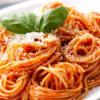 Spaghetti · Served with your choice of our traditional marinara or signature meat sauce on a bed of spag...
