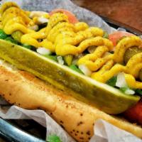 The “Chicago Dog” · A windy city favorite. A Chicago classic! An all-beef Vienna hot dog is loaded with yellow m...