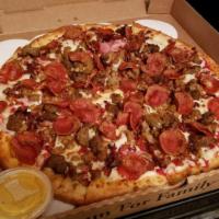 Gourmet Meat · Baked ham, bacon & extra sliced pepperoni Greek's pizza sauce, select blended cheeses, Itali...