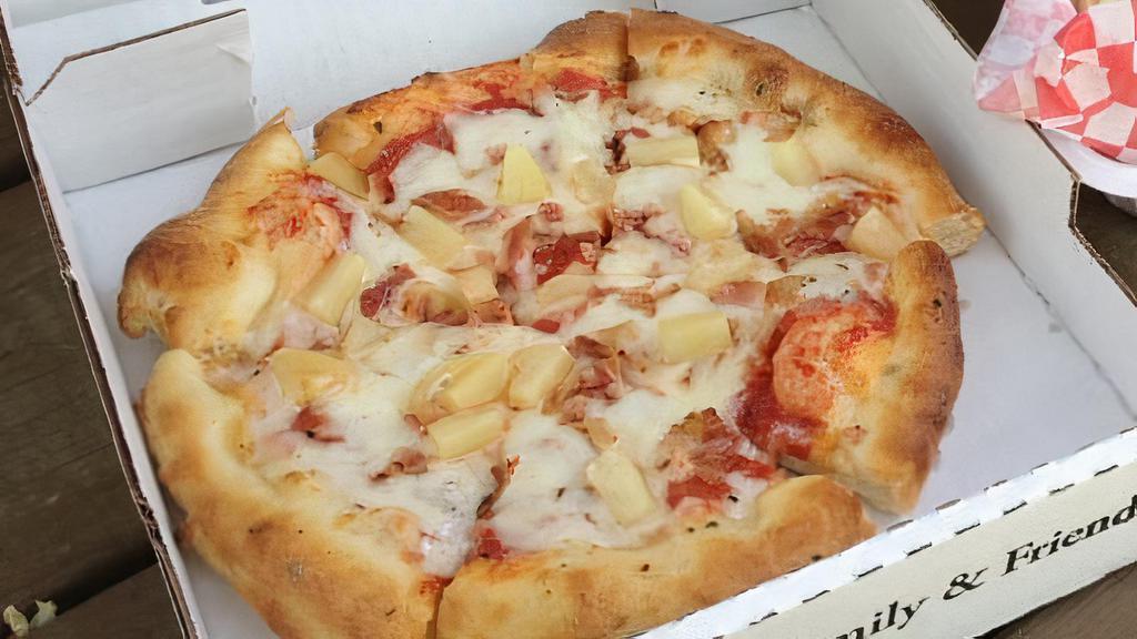 Hawaiian Special · Greek's pizza sauce, special bbq sauce, baked ham, select blended cheeses, Indiana bacon & pineapple chunks