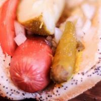 Hot Dog · Jumbo Hot Dog, Mustard, Relish, Onions, Tomatoes, Pickles, Sport peppers, & Celery Salt serv...