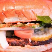 Black Bean Burger · Black Bean Burger, Lettuce, Tomatoes, Pickles, Onions, Ketchup, Mustard, Mayo served on a Br...