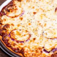 Bbq Chicken Thin Crust Pizza · BBQ sauce, chicken, bacon, and red onion. No substitutions, please.