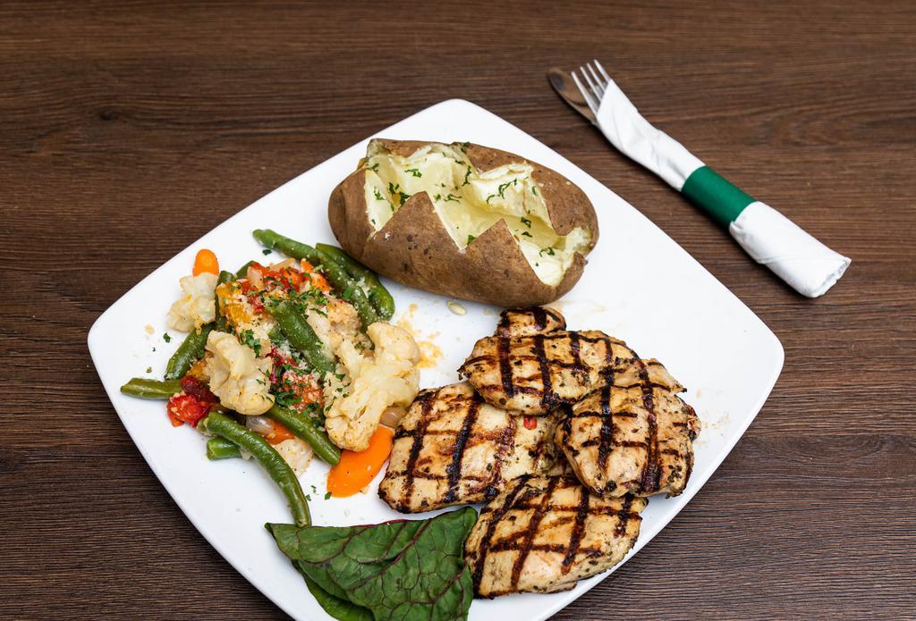 Grilled Chicken With Mixed Vegetables Dinner · Served with a roll, house salad, and fries.
