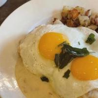Biscuits & Gravy · southern style biscuits, house made pork sausage, sage gravy, sunny side up eggs