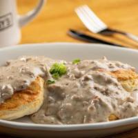 Biscuits & Gravy · Two Southern biscuits split and topped with creamy sausage gravy