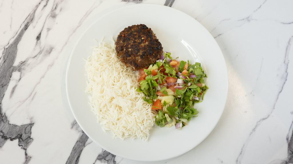 Chapli Kabob Plate · Ground Beef Street Chapli Kabob, Served with Rice and cut veggies & chutney.

Halal