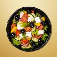 Greek Gusto Salad · Romaine lettuce, topped with tomatoes, onions, cucumber, and our fresh pita chips, and sumac...