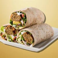 Happy Hummus Wrap · Fresh hummus, falafel, tomatoes, lettuce, and onions, wrapped to perfection.