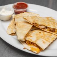 Cheese Quesadilla · A tortilla filled with a three cheese blend and grilled. Served with sour cream and salsa.