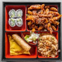 Chicken Teriyaki Bento Box · Served with four pieces of California roll, one spring roll, one cheese wonton and choice of...