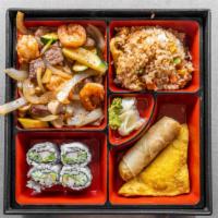 Hibachi Shrimp And Steak Bento Box · Mushroom, onion, broccoli and zucchini. Served with four pieces of California roll, one spri...