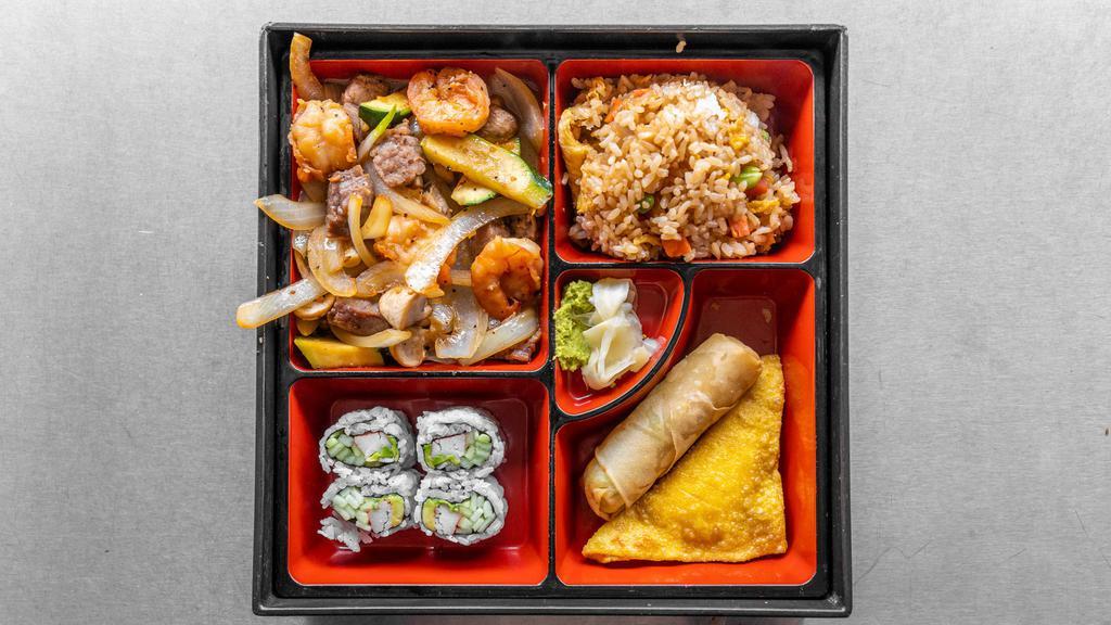 Hibachi Shrimp And Steak Bento Box · Mushroom, onion, broccoli and zucchini. Served with four pieces of California roll, one spring roll, one cheese wonton and choice of fried rice, steamed rice or noodle.