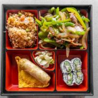 Mongolian Beef Bento Box · Famous Chinese dish with onion, bell pepper and scallion. Served with four pieces of Califor...
