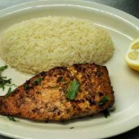 Salmon · Marinated fish fillet. Served with basmati rice or mixed steamed vegetables.