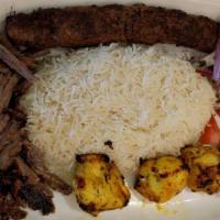 Larsa'S Combo Plate · A combination of chicken kabob, kifta kabob and beef shawirma. Served with basmati rice. Ser...