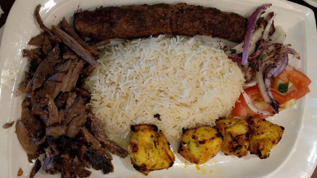 Larsa'S Combo Plate · A combination of chicken kabob, kifta kabob and beef shawirma. Served with basmati rice. Served with freshly baked pita bread and soup.