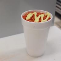 Elote/ Corn · corn in cup or cob with mayo, cheese and butter.  (Optional chili powder)
