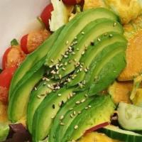 Avocado Salad · Gluten free. Vegetarian. Avocado, lettuce, cucumber, tomato, homemade ginger dressing.