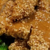 Goma Chicken /Rice · Pan seared sesame crusted chicken with Shanghai bok choy and topped with a Japanese mirin sa...