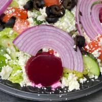 Greek Salad · Lettuce, Tomato, Cucumber, Beets,  Pepperoncini, Onion, Black Olives, Feta Cheese and Greek ...