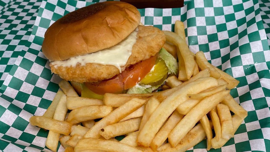 Crispy Chicken Burger · Fried Chicken with Lettuce, Tomato, Pickles, Swiss Cheese and Mayo