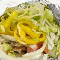 Gyro Sandwich · Flame-roasted lamb and beef gyro in a pita with lettuce, tomatoes, onions, banana peppers an...