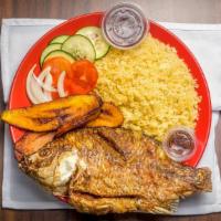 Attieke With Fried Plantain & Fish · Couscous cooked to fluffy perfection and served with fried plantain, a whole seasoned fried ...