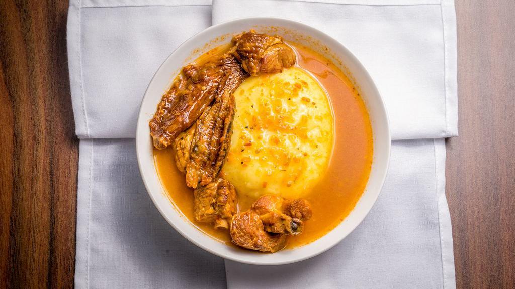 Fufu & Pepper Soup · Mouth-watering dough made with plantain, complimented by a chicken and beef broth based pepper soup, which is cooked with herbs, spices, and an assortment of luscious meats.