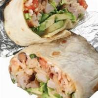 Carne Asada Tortilla Burrito · Marinated grilled steak burrito stuffed with zesty lime rice, with choice of beans, pico de ...