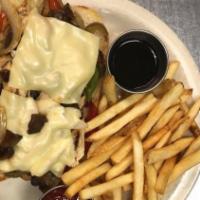 Steak Philly · Juicy pieced of grilled steak with tender sauteed onions, green or red peppers, sauteed mush...