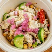 Power · Gluten free. Chickpeas, roasted tomatoes, cucumbers, quinoa, chicken, pickled onion. Made fr...