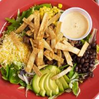 Southwest Salad · Fresh greens topped with grilled chicken, fried tortilla strips, tomato, black beans, corn ,...