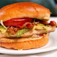 Cali Chicken Sandwich · Grilled chicken topped with bacon, avocado, lettuce, tomato and mayo.